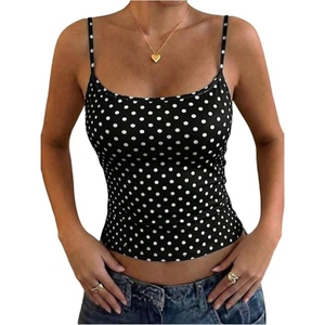 เสื้อกล้ามครอปสายเดี่ยวลายจุดสำหรับผู้หญิง เสื้อถักลำลองคอกลม - Product Image 1