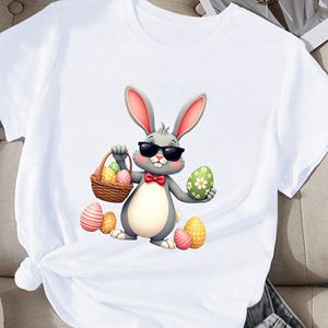 T-shirt décontracté pour femme à col rond et manches courtes avec impression de lapin animé et d'œufs de Pâques sur tissu tricoté en polyester - Product Image 3