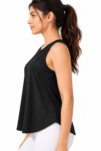 <b>Women</b> <b>Black</b> Sleeveless Crew Neck <b>Crop</b> Tank <b>Top</b> Regular Fit Breathable Hollow Out Yoga <b>Top</b> Front Logo - Product Image 2