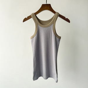 Débardeur côtelé en coton biologique pour femme, coupe classique, longueur standard, avec bande contrastante, tricoté serré, doux, idéal pour l'entraînement - Product Image 4