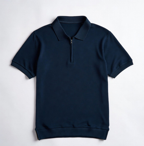 Camisa de Hombre Azul Marino de Manga Corta, Tejida, 100% Algodón, Transpirable, Bordada, con Cierre de Cremallera Frontal, Logotipo, Color Sólido, Estilo Casual - Product Image 1