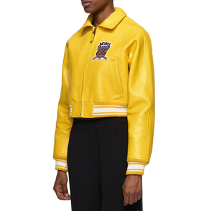 Chaqueta Varsity de Cuero PU Amarillo de Primera Calidad, Color Personalizado, Parche Bordado, Cuello en V, Cierre de Cinturón, Estilo Hip Hop - Product Image 5
