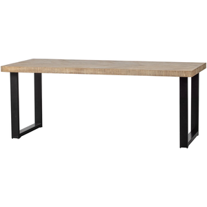 Table de salle à manger industrielle en bois de manguier massif avec plateau carré à motif rayé, finition blanche vieillie et noire, et pieds en métal en forme de U - Product Image 1