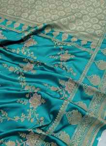 Saree de Seda Suave Banarasi Mashru Katan de Lujo, Tejido a Mano, con Bordado Meenakari, Elegante Diseño Floral, Borde Tejido Tradicional, Protección Solar - Product Image 4