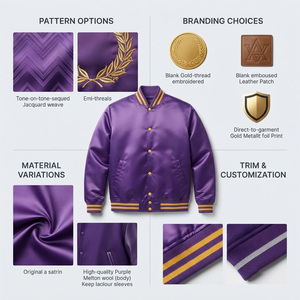REDDITO SPORTS Men's <b>Purple</b> <b>Varsity</b> <b>Jacket</b> Solid Color Turn-down Collar Button Closure Casual Autumn Wear Regular Fit Satin - Product Image 5