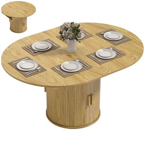 Tavolo da Pranzo Stile Fattoria da 60 Pollici con Ripiano a 2 Livelli e Porte Scorrevoli Scanalate, Estensibile per 6 Persone, Finitura Naturale - Product Image 2