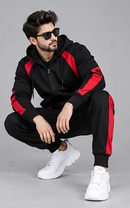 Men's Black Red Solid Hooded Tracksuit <b>Full</b> <b>Zip</b> <b>Sweatshirt</b> Joggers Set Streetwear Winter Wear Regular Fit 100% Cotton Fleece - Product Image 4