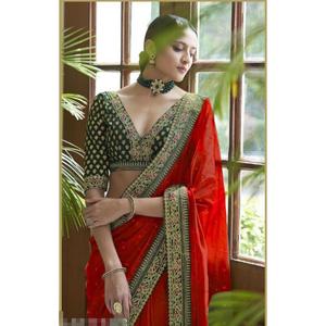 Sari de Seda Real Vichitra de Moda con Blusa Sin Coser, Color Rojo - Product Image 2