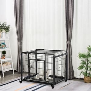 Heavy Duty 37\" Metal Dog <b>Crate</b> Modern <b>Folding</b> Kennel with Removable Tray Cover 4 Wheels Gray-for Breeding Medium Sized Breeds - Product Image 2