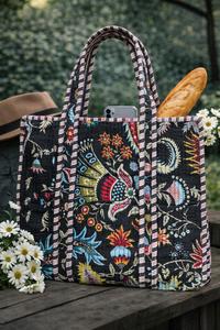 กระเป๋าช้อปปิ้งชายหาดผ้าฝ้ายลายดอกไม้รักษ์โลก น้ำหนักเบา ทำมือ พิมพ์ลายบล็อก  แบบเย็บติดกัน พร้อมช่องใส่ของด้านใน - Product Image 3