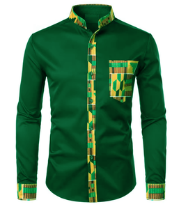 เสื้อเชิ้ตผู้ชายลายพิมพ์แอฟริกันสั่งทำขายส่ง แขนยาว คอตั้ง แต่งผ้า Kente ติดกระดุมแบบ Dash - Product Image 1