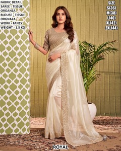 Sari en organza rose royal avec broderie argentée, chemisier assorti, tenue de mariage et de fête, sari indien élégant pour femme, coupe classique - Product Image 3