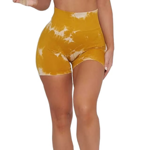 High Waist Tie Dye Mustard Yellow Knitted Shorts Sporty Elastic Waist Breathable Spandex Polyester Women's Shorts - Product Image 1