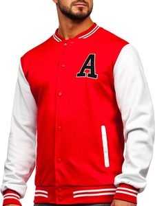 Chaqueta Varsity Roja y Blanca para Hombre, con Letra A Bordada, Estilo Preppy, Corte Regular, Cuello Camisero - Product Image 1