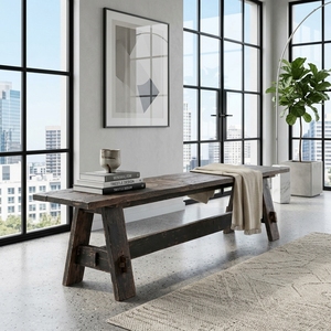 Banco largo Mykonosh de madera premium, minimalista, de madera maciza oscura recuperada, para cocina, comedor, asientos, banco de madera natural rústica. - Product Image 5