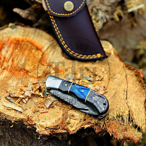 Couteau de poche pliant en acier Damas, vente en gros, manche personnalisé, étui en cuir, gravure de logo OEM disponible, très tranchant - Product Image 3