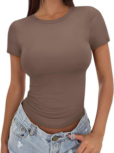 Women's Slim Fit <b>Crop</b> <b>Top</b> Solid Color Crew Neck Short Sleeve Casual T-Shirt Spandex Cotton Knitted Breathable Logo 220g Spring - Product Image 5