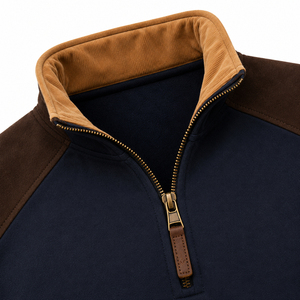 Custom Men's <b>Navy</b> Blue Quarter Zip Fleece <b>Sweatshirt</b> Beige Raglan Sleeves Stand Collar Casual Winter Pullover - Product Image 6