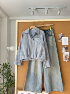 L826 Women's Khaki Cotton Woven <b>Long</b> <b>Sleeve</b> Crop <b>Top</b> Shirt Stylish Pocket Button Collar Spring Summer Casual Blouse Freesize - Product Image 5