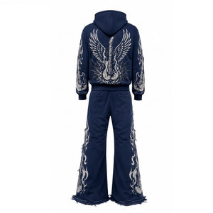 Chándal Azul Marino con Capucha para Hombre, Corte Holgado, Estilo Urbano, con Estampado de Alas de Guitarra y Llamas, Bolsillos Laterales, Ropa de Otoño - Product Image 3