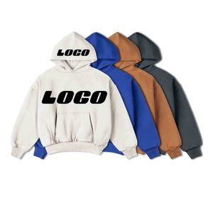 Sweat-shirt à capuche unisexe surdimensionné bleu uni en molleton bouclette décontracté avec poches coupe classique style tricoté automne - Product Image 6