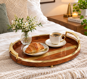 Plateau de service en bambou avec poignée métallique, plateau décoratif poli pour thé, café, fruits, repas, design moderne, art, mariage, table basse - Product Image 1