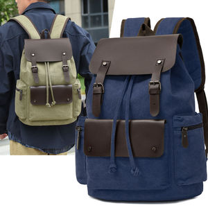 Vintage Canvas Leather Backpack Drawstring Flap Closure Laptop Rucksack Outdoor Travel College School Daypack - Product Image 4