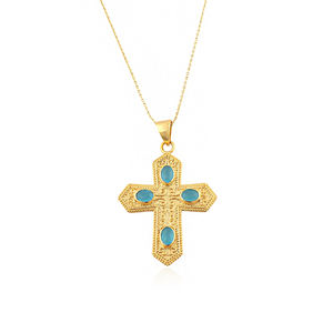 Luxury style oval cut sky blue chalcedony religious jewelry necklace brass gold plated filigree design <b>cross</b> pendant necklace - Product Image 1