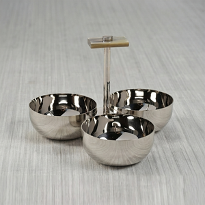 Ensemble de bols de service à trois sections en métal argenté et corne avec poignée centrale, ustensiles de cuisine, artisanat, décoration de table, centre de table, cadeau - Product Image 1