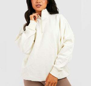 เสื้อสเวตเชิ้ตโอเวอร์ไซส์ผ้าฝ้ายฟลีซแบบซิปครึ่งตัวสำหรับผู้หญิง สไตล์ลำลองสำหรับฤดูหนาว เสื้อสเวตเชิ้ตคอปกแบบไหล่ตกสำหรับผู้หญิง - Product Image 4