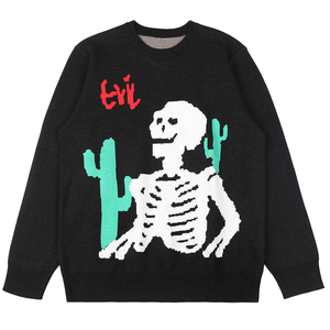 Pull tricoté noir pour homme OEM 2026 avec motif jacquard squelette blanc et cactus vert, logo frontal, pull d'hiver à manches régulières - Product Image 6