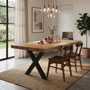 Table à manger en bois de Suar massif avec bord naturel, pieds en métal noir en forme de X, style industriel rustique, meubles de cuisine, plateau en bois naturel - Product Image 2