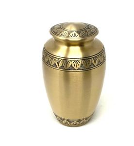 Urna Funeraria de Metal Dorado con Patrón Decorativo Clásico de Hojas, Duradera, Capacidad de 220 Pulgadas Cúbicas para Adultos - Product Image 1