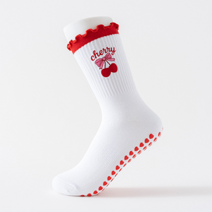 Chaussettes de Pilates antidérapantes avec volants et broderie de fruits, pour femmes, personnalisables, vente en gros, multicolores, ODM OEM - Product Image 6