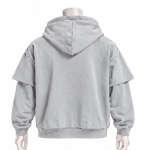 Sweat-shirt à capuche gris argenté double couche, épais, à manches superposées, coupe oversize, épaules tombantes, style streetwear décontracté - Product Image 2