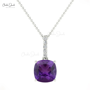 Popular Products 6mm Cushion Cut African Amethyst Dangling <b>Pendant</b> with 14k <b>Solid</b> <b>Gold</b> Diamond Accent Wedding Gift <b>Pendant</b> - Product Image 3