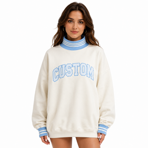 Sudaderas con Capucha de Felpa para Mujer, al por Mayor, Personalizadas, Blancas con Rayas Azules, Ribete Acanalado, Manga Larga, Cuello Alto Simulado, OEM/ODM - Product Image 1