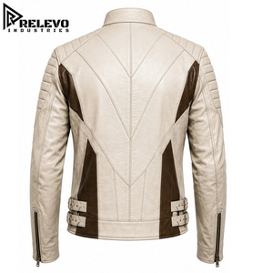 High Quality <b>Men</b> Off-White Real <b>Leather</b> Biker <b>Jacket</b>, Tactical Two-Tone Off-White & Brown Moto <b>Jacket</b> with Dual Side Buckles - Product Image 2