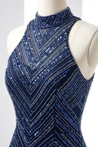 Robe de soirée sirène longue à col montant sans manches avec broderie personnalisée, robe de soirée de mariage ou de fête à sequins, fabrication OEM - Product Image 3