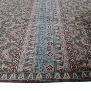 Tapis en laine et soie noué à la main, bleu ardoise et rayures géométriques dorées, 10' x 14', à poils ras, pour salon - Product Image 5