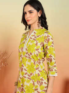 Kurta Recta de Algodón Elástico con Estampado Floral, Cuello Mandarín, Mangas Tres Cuartos, Ajuste Regular y Detalles de Espejo, con Pantalón - Product Image 4