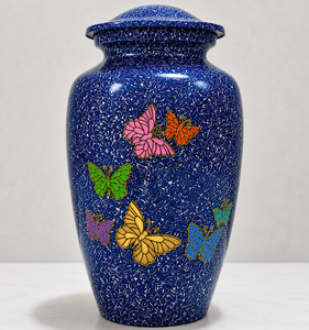 Urna Funeraria de Metal (Latón/Aluminio) con Grabado de Mariposa Azul Antigua, Estilo Europeo Americano, para Cenizas Humanas - Product Image 6