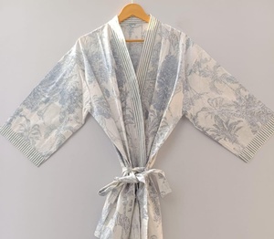 Robe Kimono en Coton Pur Légère Imprimée à la Main pour Femme, Peignoir Long, Tenue de Plage, Cache-maillot - Product Image 1