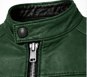 Chaqueta de Cuero Sintético Verde para Hombre, Estilo Motero, Cuello Alto, Cierre de Cremallera, Logotipo Grabado, Estilo Moto, para Otoño - Product Image 5