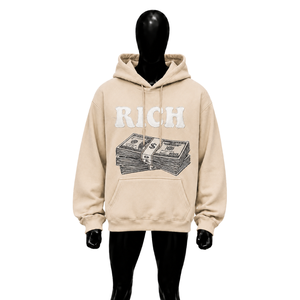 Sweat à capuche oversize beige en molleton avec appliqué lettres et motif 'Money Stack' imprimé, style streetwear pour hommes, vente en gros, tailles variées - Product Image 1