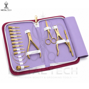 Unique Stainless Steel Salon Gold Hair Extension <b>Tool</b> Kit for Professional Installation Removal Scissors Loop Needle Storage - Product Image 1
