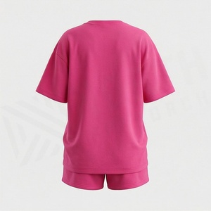 Conjunto de 2 Piezas para Mujer, Tejido, Color Rosa Sólido, Cuello Redondo, Manga Corta, Corte Holgado, Casual, Por Encima de la Rodilla, Transpirable, para Uso Diario - Product Image 2