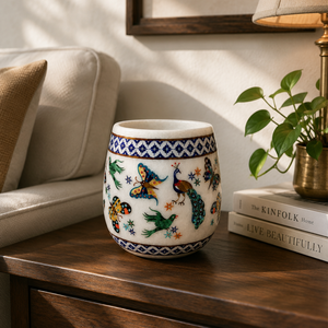 Vase décoratif en marbre blanc moderne fait main avec incrustations de motifs paon et papillon, pour utilisation sur table - Product Image 2