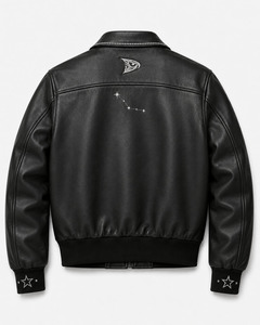 Nighthawk Embroidered PU Leather Bomber <b>Jacket</b> Men's Moto Style Zip Front Black <b>Star</b> Cuff Design - Product Image 2