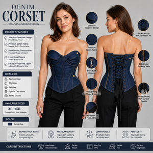 Corset en jean bleu respirant à baleines en acier, grande taille, avec fermeture éclair latérale antique, haute compression pour amincir la taille - Product Image 6